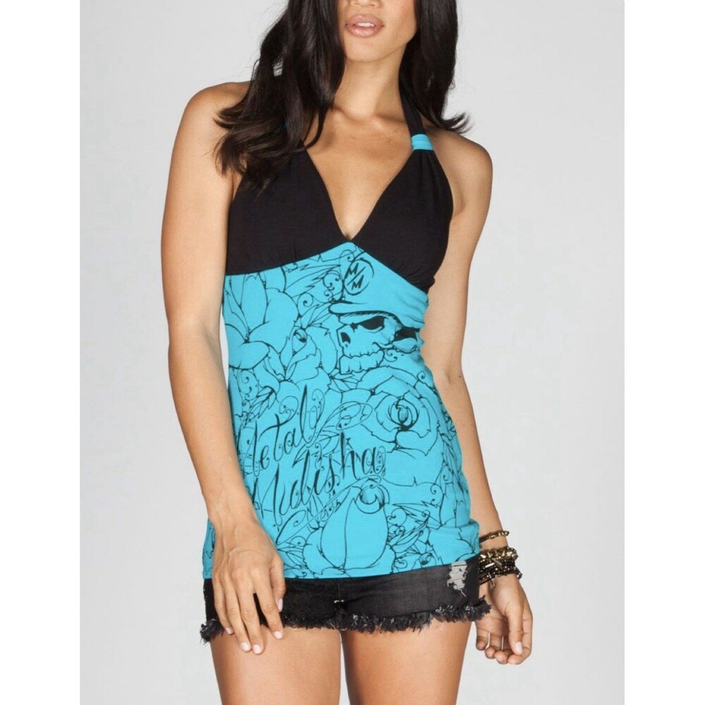Metal Mulisha Lady Love Halter Top Teal L NWT Deadstock Y2K Skull Roses Goth Emo